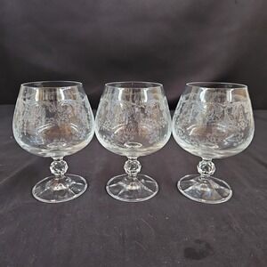 Bohemia Czech Etched Crystal Brandy Snifter 4.25" Set of 3
